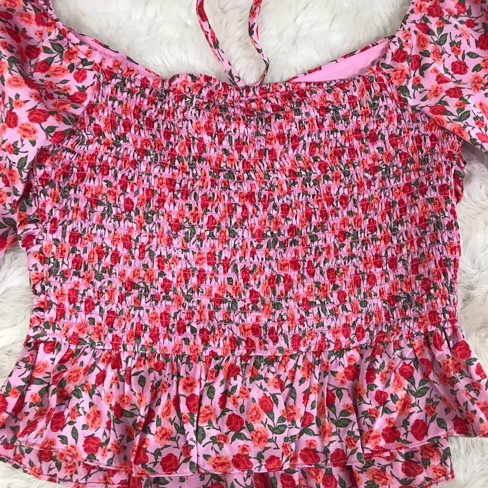 WAYF Pink Rose Floral Sweetheart Ruched Peplum‎ Top Cottagecore Coquette Small - Picture 7 of 9